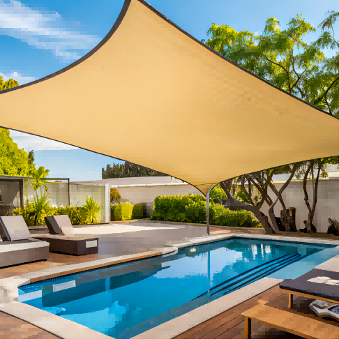 Sand-colored rectangular shade sail covering a summer patio pool